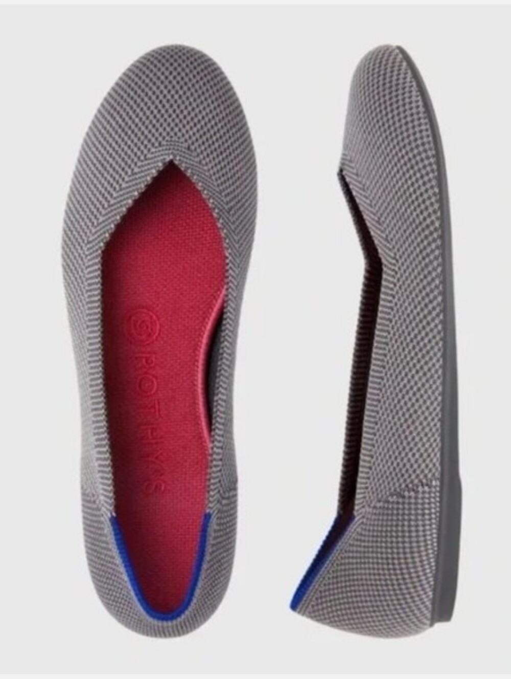 Rothy's Gray Knit Flats with Pink Insole and Blue Trim